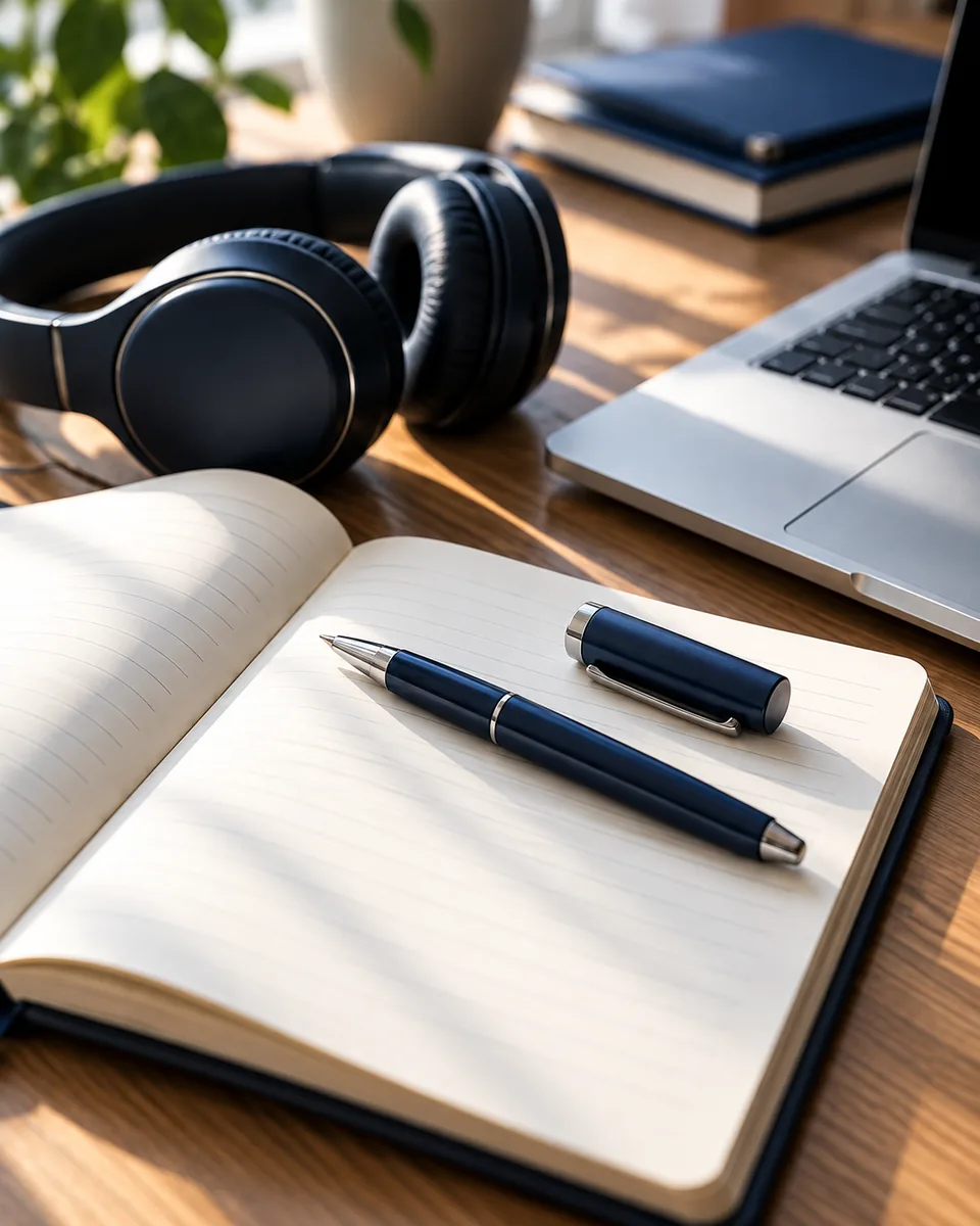Cuaderno abierto, bolígrafo, auriculares y computadora sobre un escritorio.